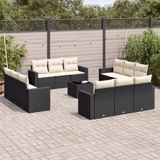 Set di divani da giardino VIDAXL in polyrattan nero con 13 pezzi e cuscini inclusi