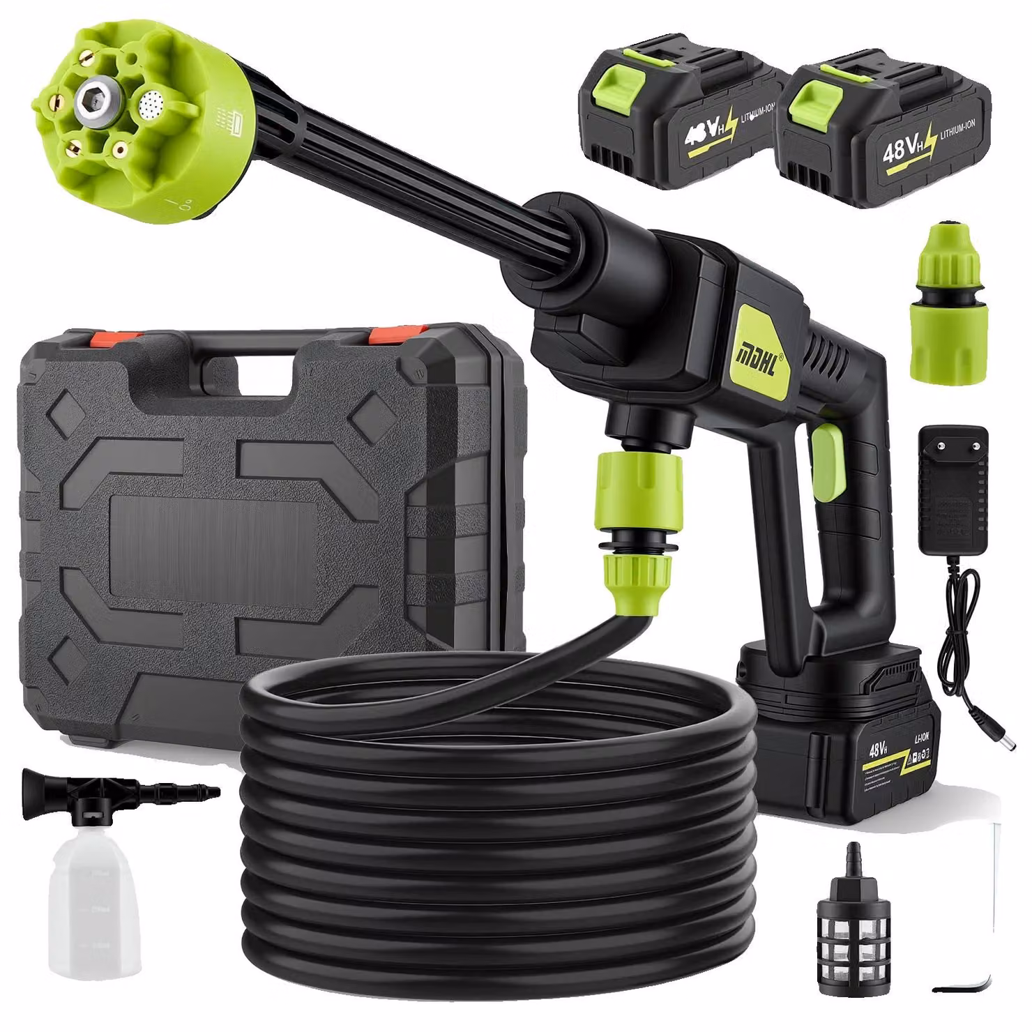 Idropulitrice portatile, pressione massima di 24 bar, capacità della batteria di 4Ah, lunghezza del tubo di 5 metri, 6 getti diversi, design leggero