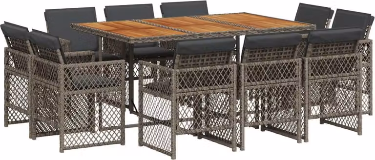 Set da Pranzo da Giardino 11pz con Cuscini in Polyrattan Grigio