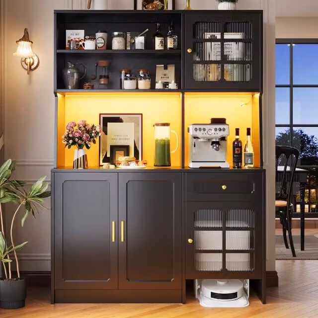 Mobile dispensa moderna MDF Italia nero con ante in vetro, cassetti, vano per robot e illuminazione LED integrata L/P/H: 130 x 45 x 180 cm