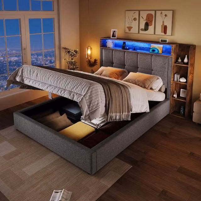 Letto Imbottito con LED e Contenitore ¨C MINIMAL ¨C Tessuto Grigio 90x200