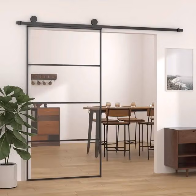Porta Scorrevole vidaXL in Vetro ESG e Alluminio, Colore Nero, L: 102,5 cm, H: 205 cm – 1