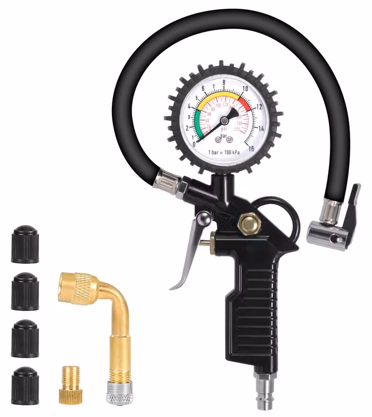 Verificatore di pressione pneumatici con manometro, 220 PSI, attrezzo per valvole, per auto e biciclette