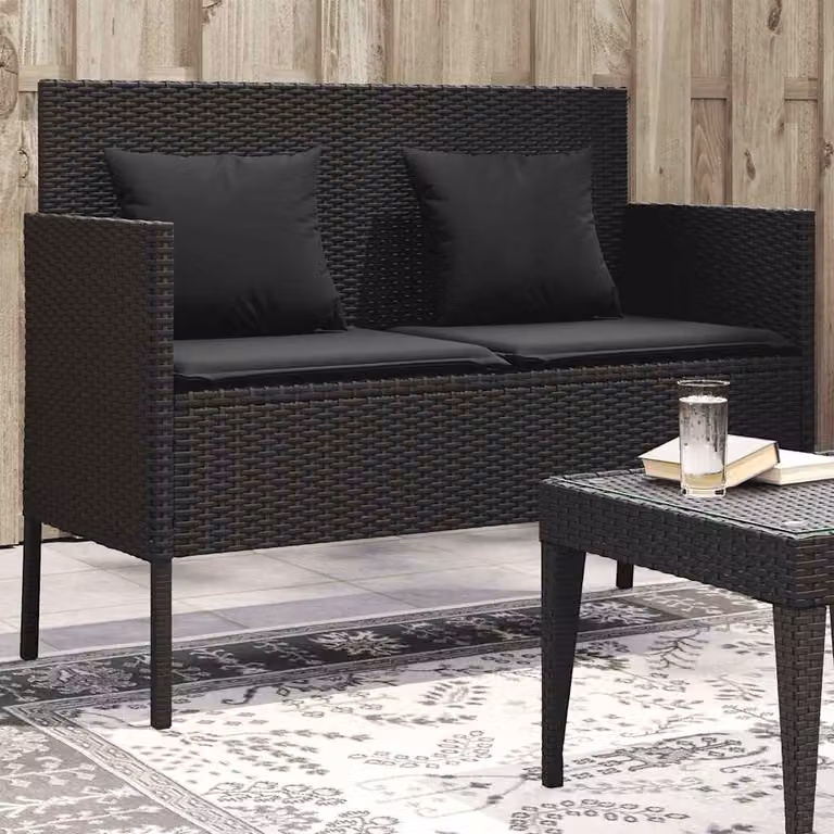 vidaXL Panca da Giardino Moderna in Polyrattan Nera con Cuscini L: 113 cm, P: 61 cm, H: 87 cm