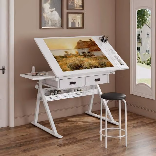 Scrivania da disegno Minimal bianca con 2 cassetti, regolabile in altezza e inclinazione, L: 90 cm, P: 50 cm, H: 75 cm – 1