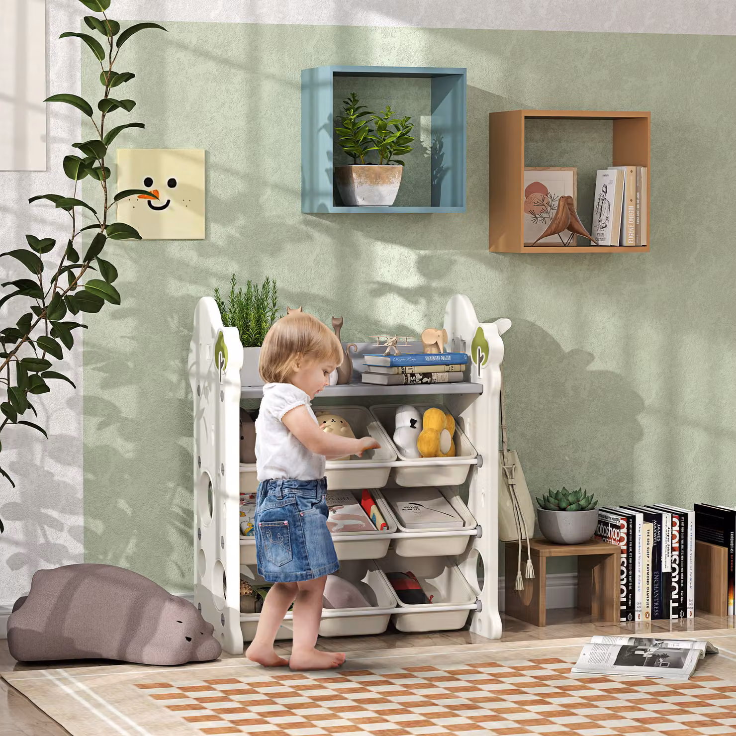 Scaffale Portagiochi AIYAPLAY a 4 Livelli con 9 Contenitori e Gancio Laterale, Bianco Crema, L 77 cm x P 42 cm x H 94 cm – 2