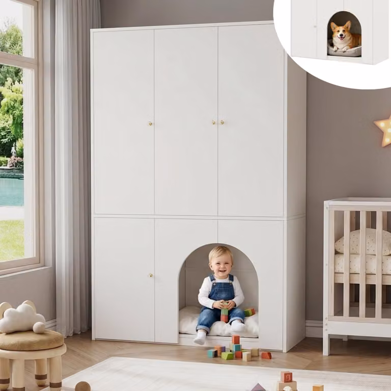 Armadio a tre ante, mobile contenitore a colonna con asta appendiabiti, mobile alto, mobili per bambini, mobili adatti ad animali domestici e bambini
