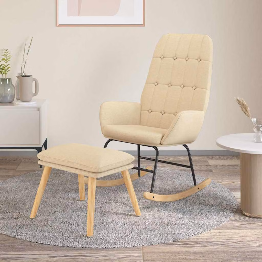 Poltrona a dondolo con poggiapiedi vidaXL in tessuto beige e struttura in legno e metallo per soggiorno o camera da letto