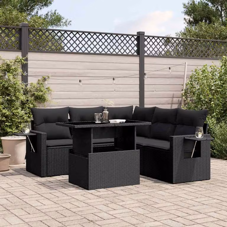 Set Divano da Giardino vidaXL 6 pz in Polyrattan Nero con Cuscini e Tavolino