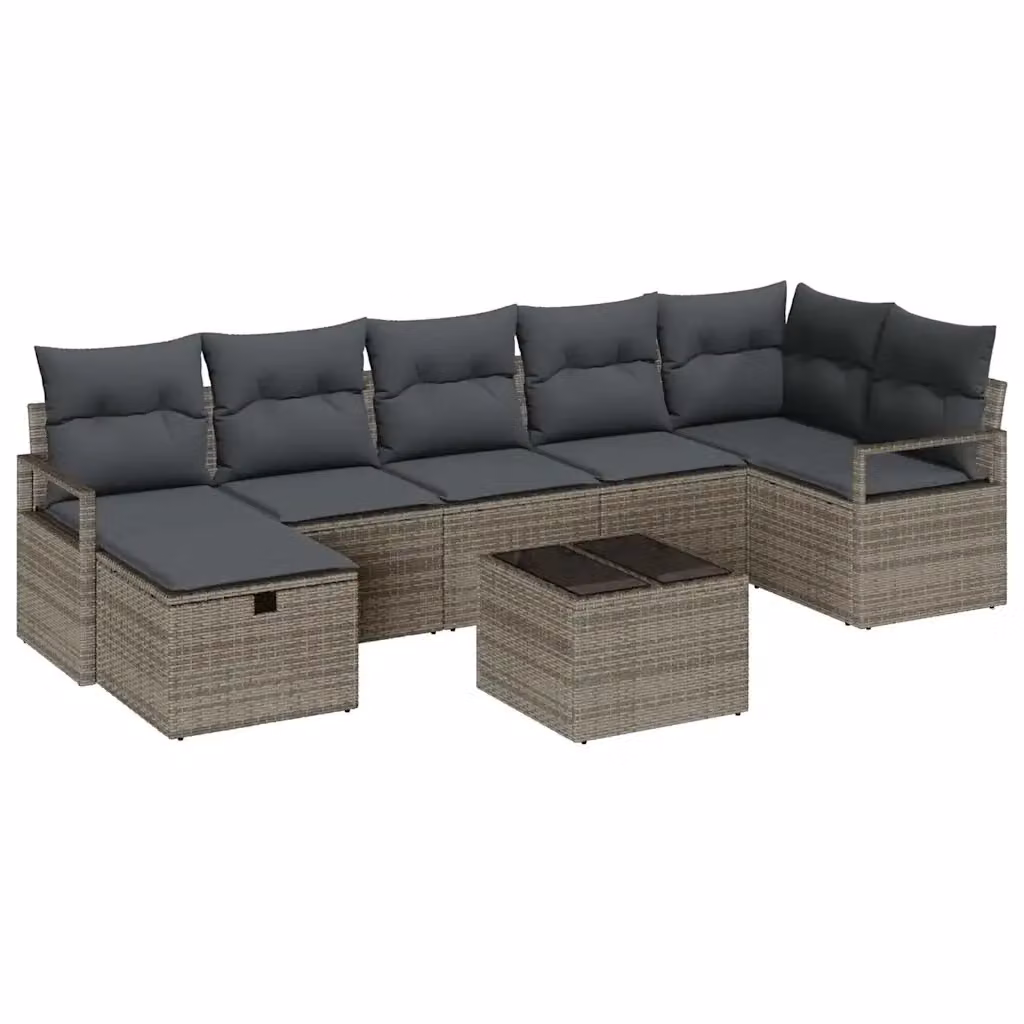 Set di divani da giardino vidaXL a forma di L con cuscini grigi e tavolino, in rattan e metallo – 2