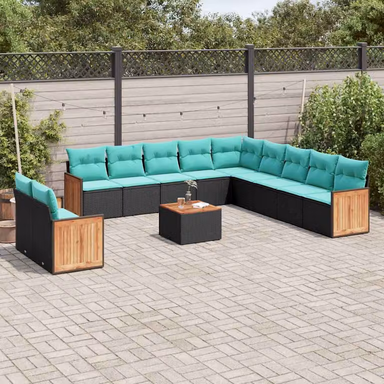 Set di divani da giardino vidaXL a forma di U in polyrattan nero con cuscini e tavolino da caffè per esterno