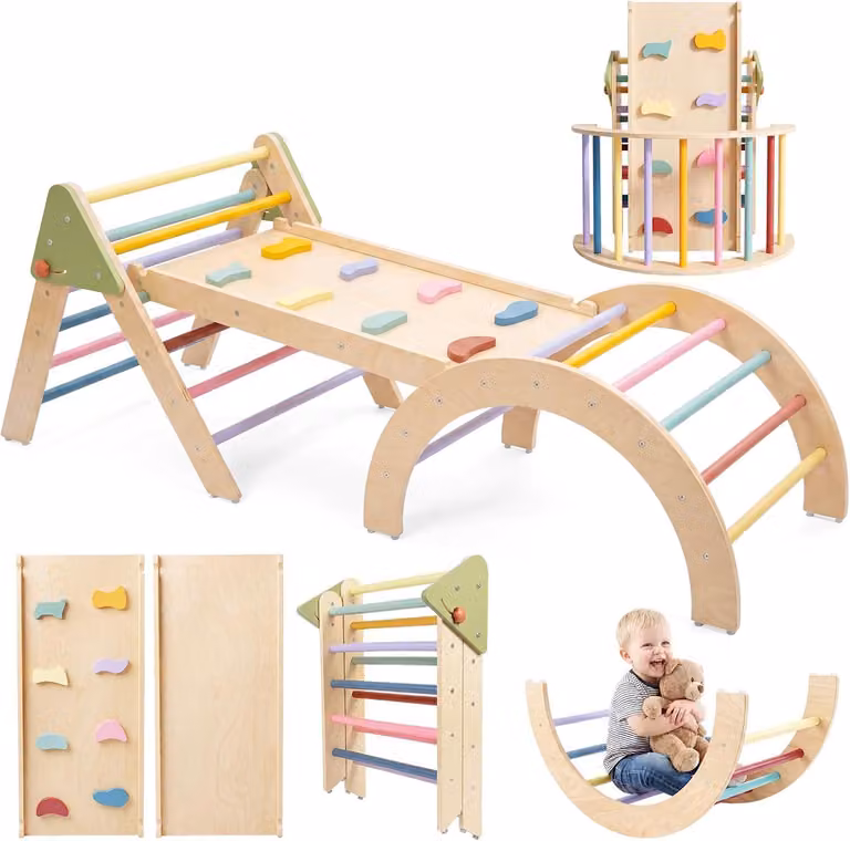 Struttura gioco multifunzione in legno 7-in-1, con scivolo e scaletta, pieghevole, per bambini dai 1 agli 8 anni, adatta per l'uso in ambienti interni