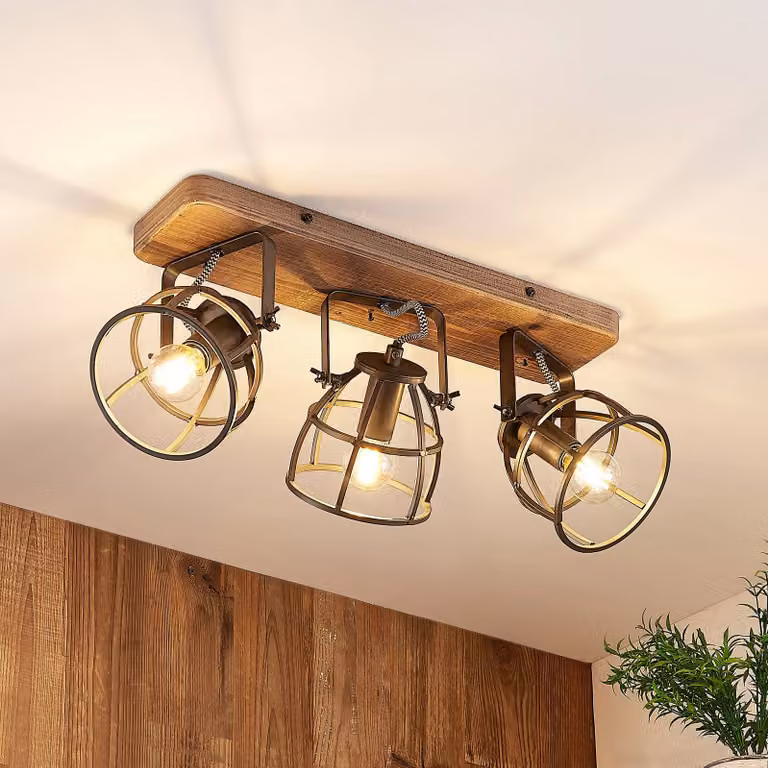 Plafoniera soffitto Rutger Lindby, dimmerabile, Legno scuro, Soggiorno / Sala da pranzo, Legno, Vintage, Plafoniera