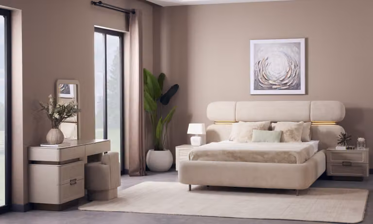 Set completo per camera da letto moderno, in bouclé color crema, con letto imbottito
