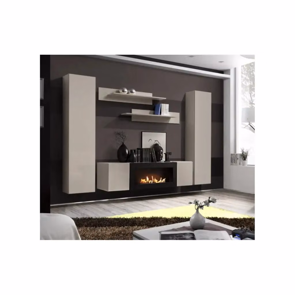 Composizione murale FLY Meublorama beige con camino a bioetanolo e contenitori L/P/H: 260 x 40 x 170 cm – 2