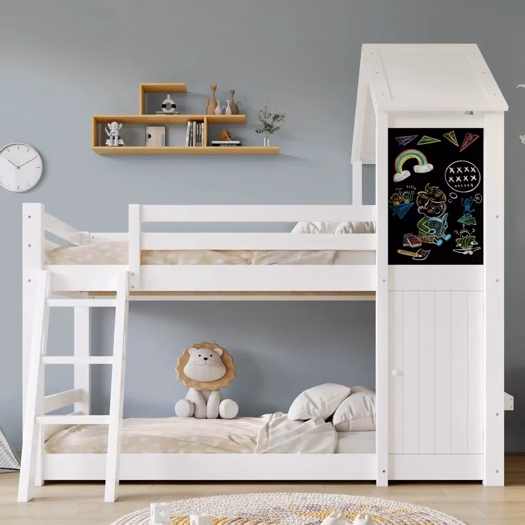 Letto a castello per bambini con struttura a casetta, scaletta, porta, lavagna e finestre, bianco, L/P/H: 200 x 90 x 196,5 cm – 2