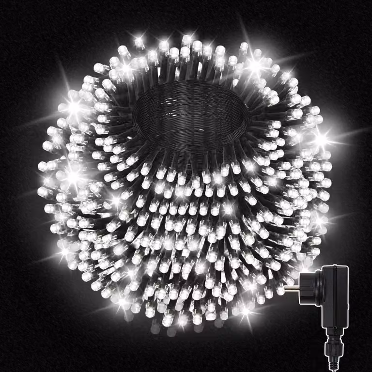Catene luminose Ikodm, 100 LED, 10 metri, luce bianca fredda, 31 V, 8 modalità, grado di protezione IP44, con cavo nero, con cavo di alimentazione da 5 metri, ideali per il Natale
