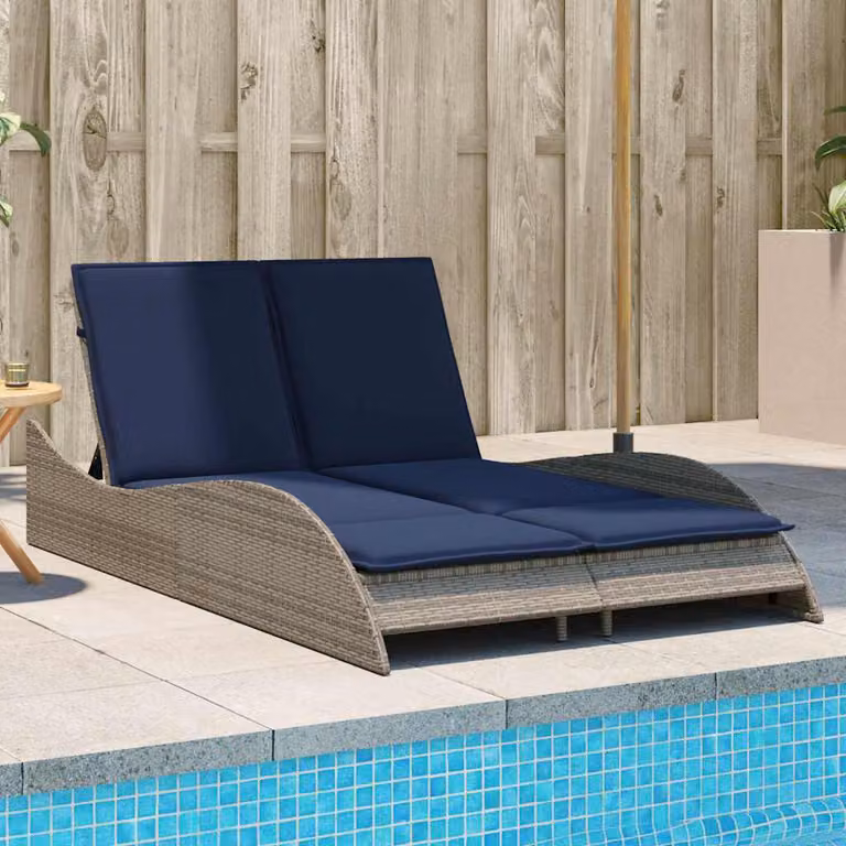 vidaXL Lettino Prendisole in Polyrattan con Cuscini Grigio e Blu L: 114 cm, P: 205 cm, H: 73 cm