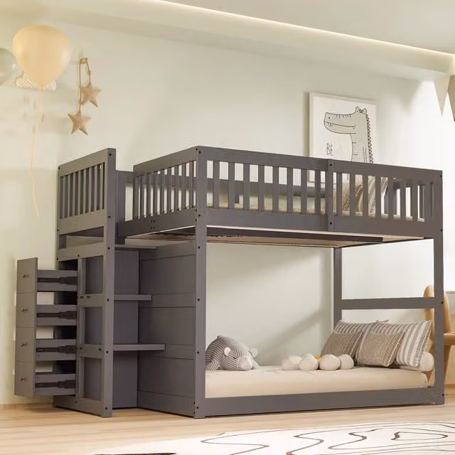 Letto a castello basso grigio in legno con scomparti portaoggetti 140x200 cm