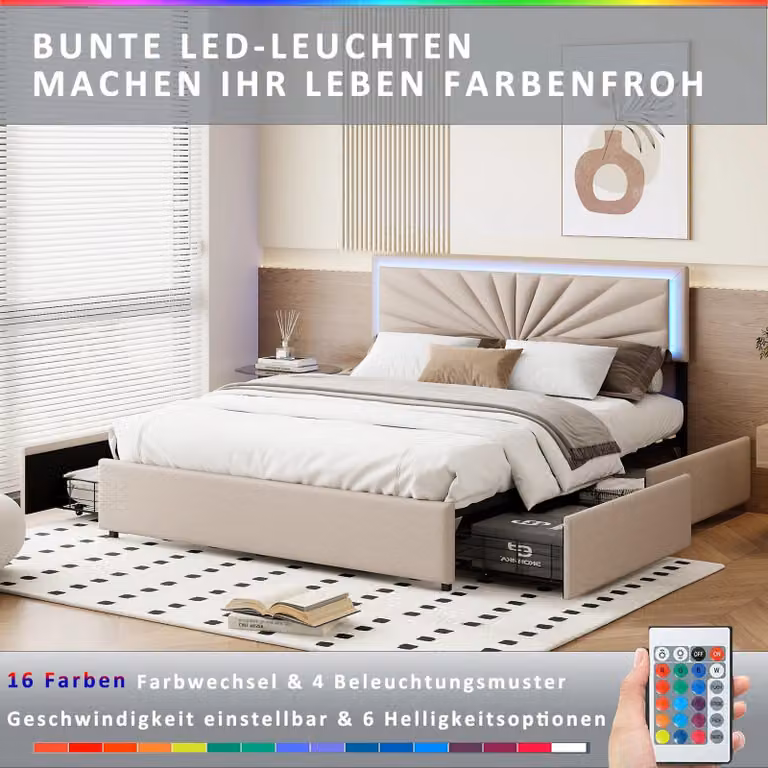 Letto matrimoniale imbottito, dimensioni 160x200 cm, completo di testiera, illuminazione a LED e quattro ampi cassetti contenitori