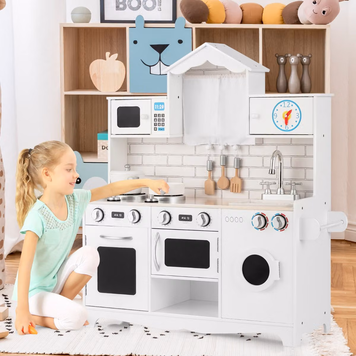 Set cucina giocattolo in legno Costway con lavatrice e piano cottura, Bianco
