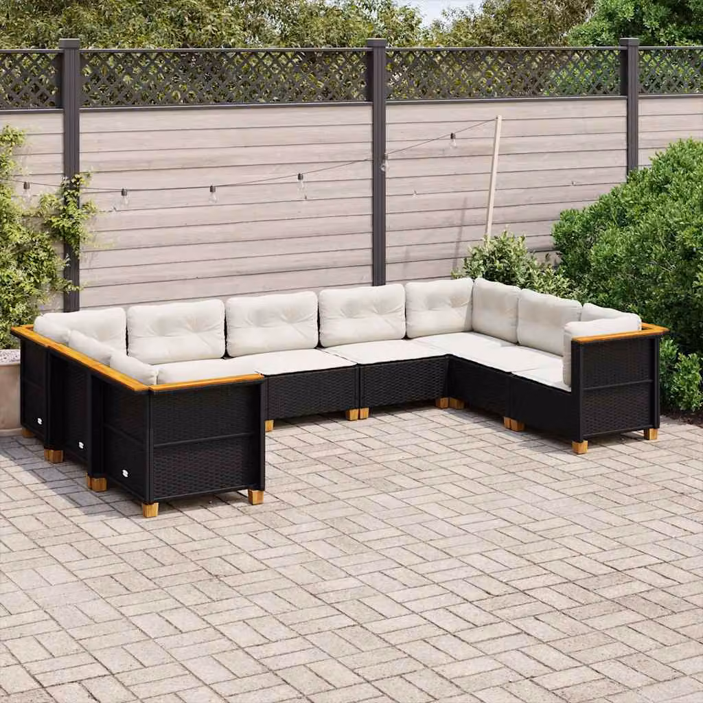 Set di divani da giardino vidaXL in polyrattan nero con cuscini bianchi e struttura in legno di acacia – 1