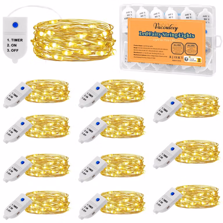 Catena luminosa a LED, 2 metri, 20 LED, luce bianco caldo, con timer, grado di protezione IP65, confezione da 12 pezzi.