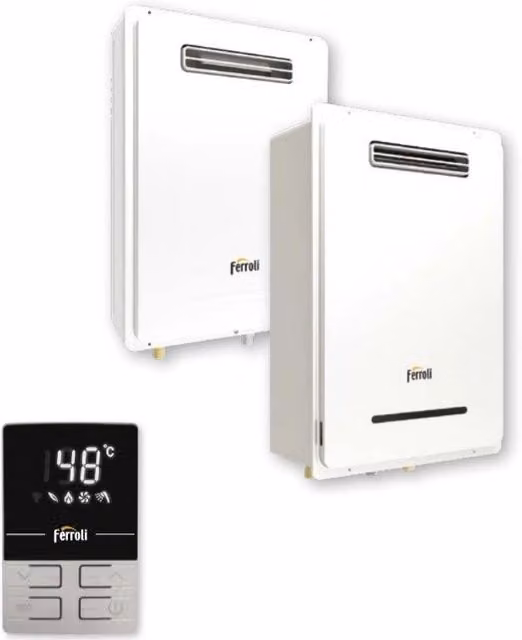 Scaldabagno a Gas Ferroli da Esterno Bianco con Display e Modalità Eco per Metano o GPL