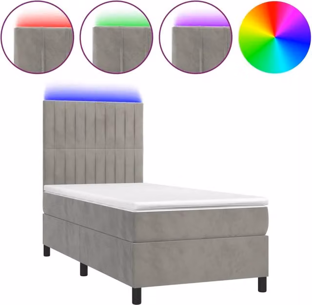 Letto singolo | Letto per adulti | Letto a Molle Materasso e LED Grigio Chiaro 90x200 cm Velluto