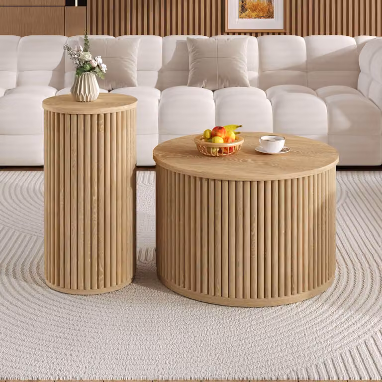 Set di 2 tavolini rotondi Merax con motivo a righe verticali 3D, tavolini doppi con doghe in legno naturale, robusto tavolino da divano in MDF, natura