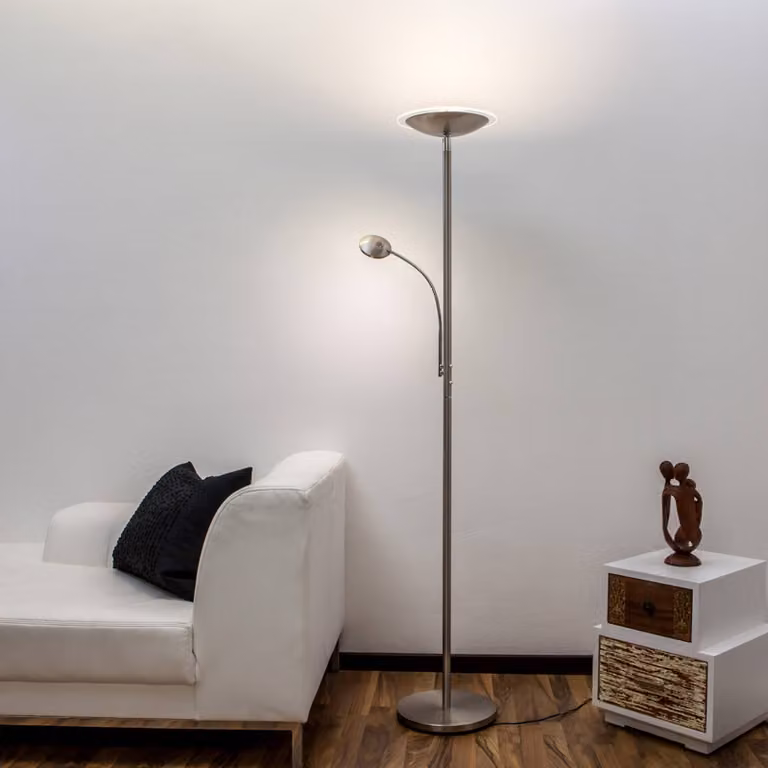 Lampada da terra con luce lettura MALEA Lindby, dimmerabile, Alluminio / Grigio / Zincato, Soggiorno / Sala da pranzo, Metallo, Moderno, Lampada LED da terra