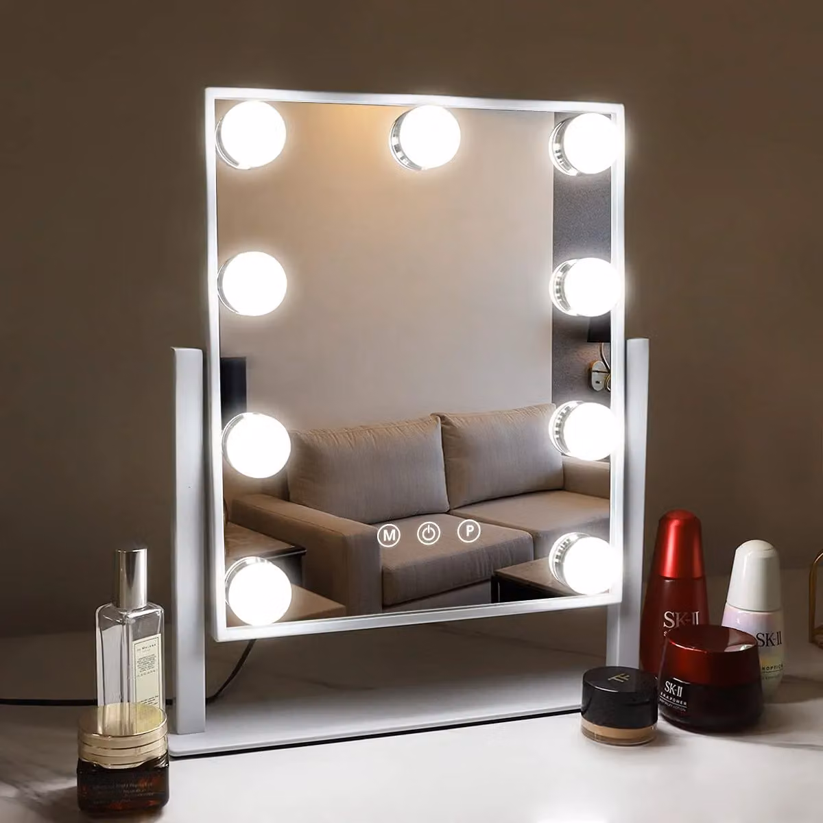 VANITII Specchio per il trucco con illuminazione 25 x 30 cm Illuminazione a LED 9 luci dimmer 3 modalità di colore Specchio per il trucco ruotabile a 360° per la toilette bianco