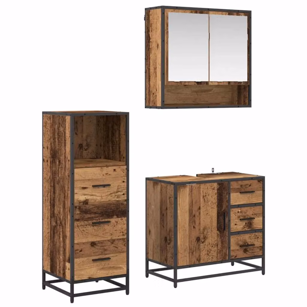 Set di mobili per il bagno moderno vidaXL in legno e metallo marrone, composto da 3 pezzi con armadietto specchio, mobile lavabo e mobile laterale, L/P/H: 65 x 33 x 60 cm – 2