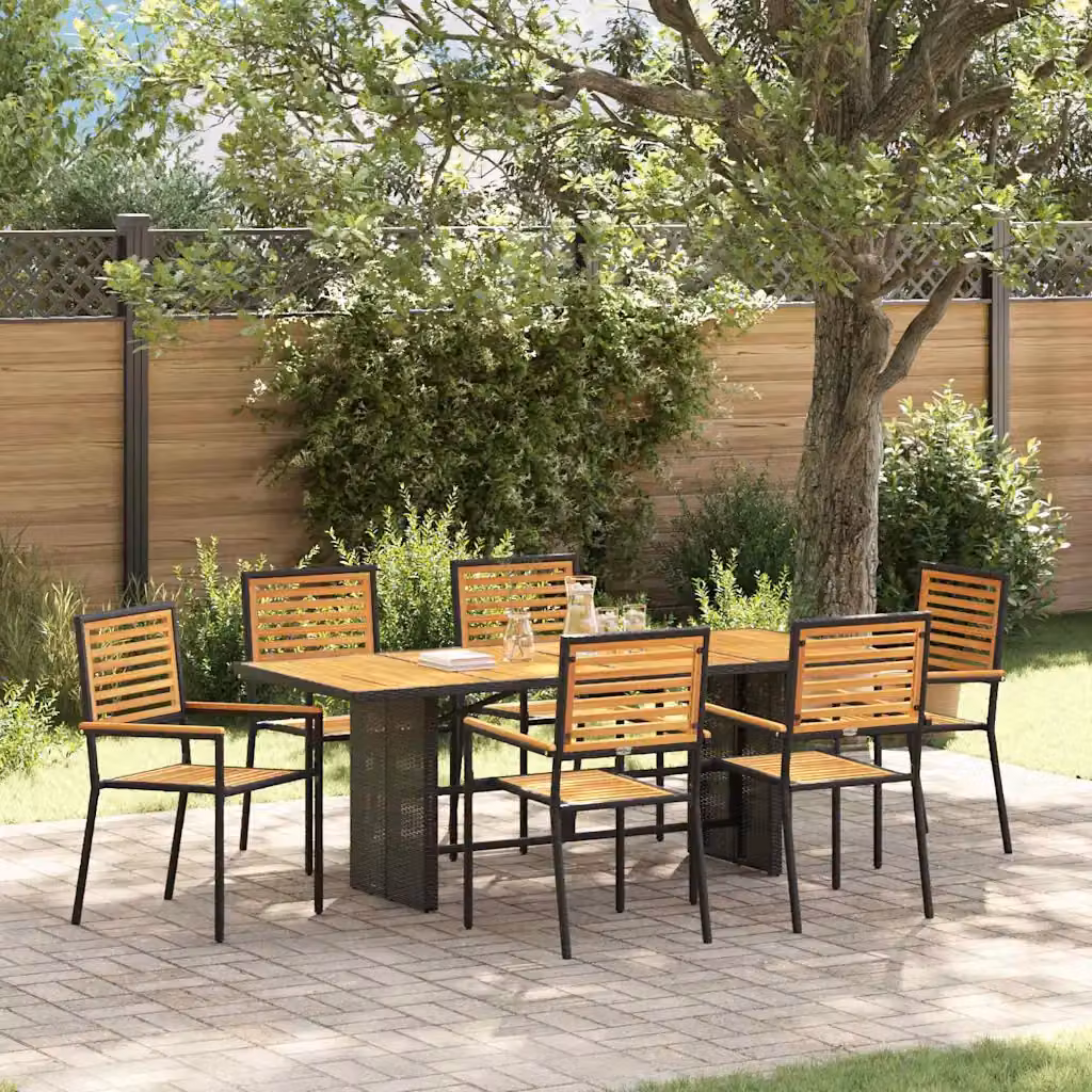 Set da pranzo per giardino e terrazza vidaXL in 7 pezzi in polyrattan nero e marrone con piano in legno di acacia – 1