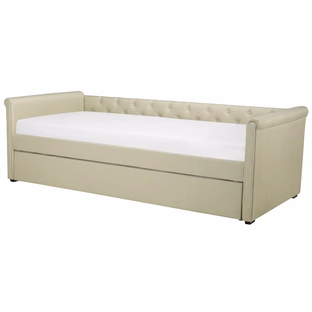 Divano Letto Estraibile Beliani in Stile Chesterfield con Rivestimento in Tessuto Beige e Struttura in Legno L/P/H: 220 x 80 x 164 cm – 2
