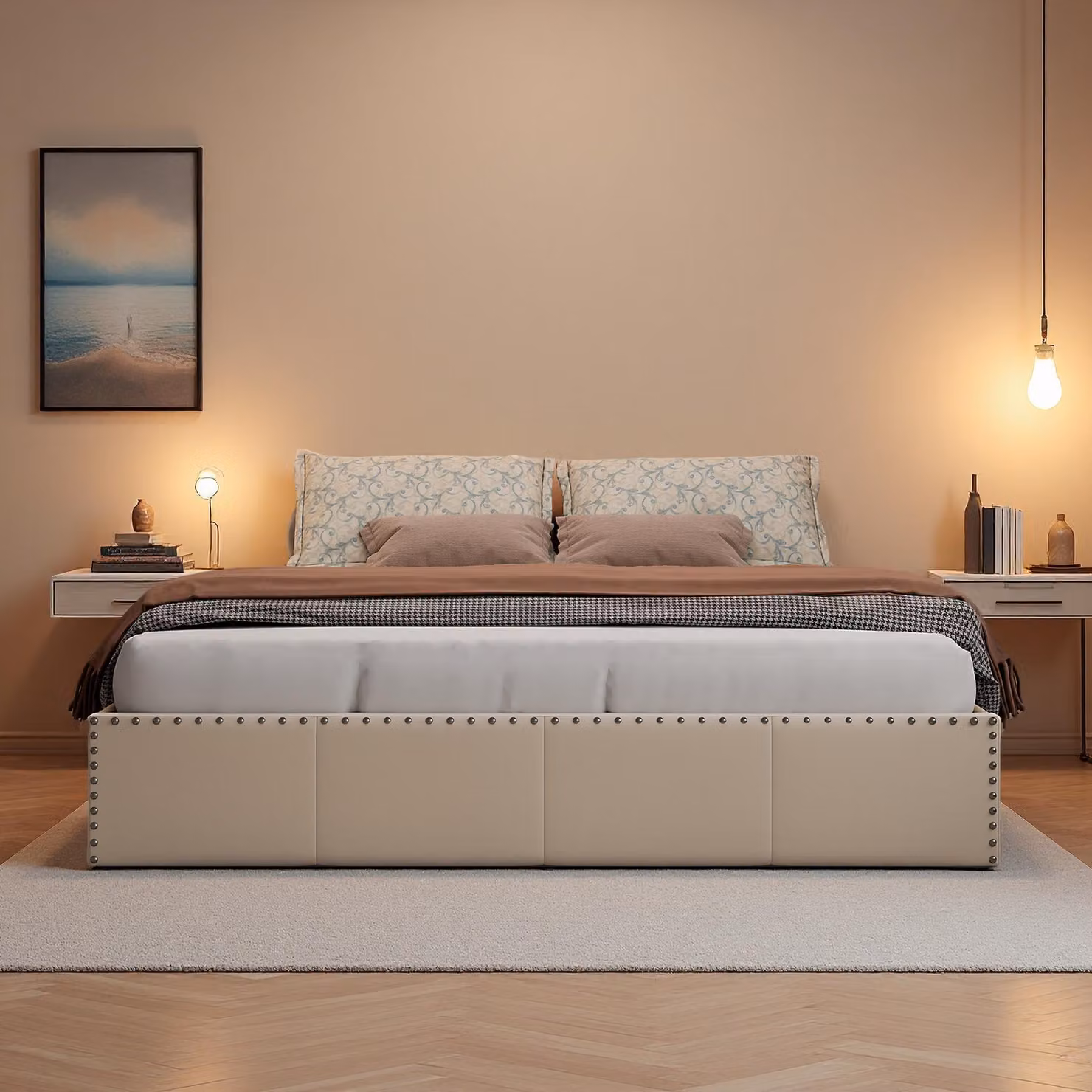 Letto in velluto beige 140 x 200 cm con contenitore, testiera imbottita e illuminazione a LED, sistema di contenitori con molle a gas, telaio con decorazioni in metallo rivettato