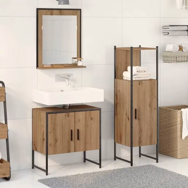 Set di mobili da bagno moderno vidaXL in legno marrone opaco composto da 3 pezzi con mobile sottolavabo e armadietto a specchio L/P/H: 60,0 x 33,0 x 113,5 cm