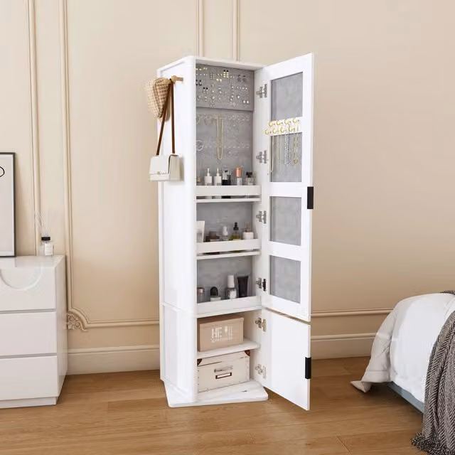 Armadio Portagioie Girevole 360° con Specchio a Figura Intera in MDF Bianco 50x50x170 cm