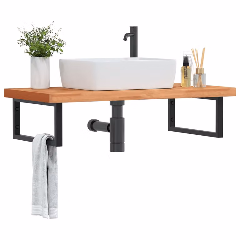 vidaXL Ripiano da parete per lavabo moderno in acciaio e legno di faggio, nero e marrone, L: 50 cm, P: 20 cm, H: 3 cm