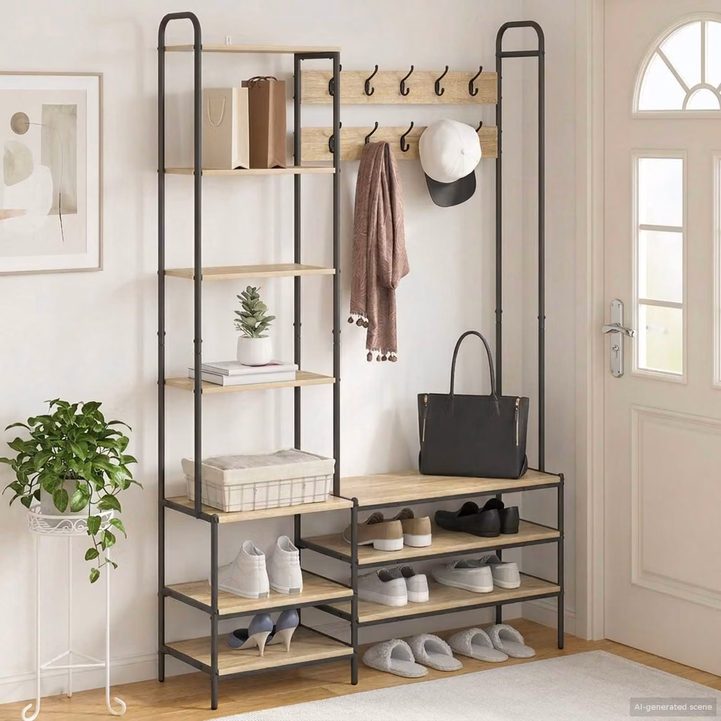 vidaXL Appendiabiti con panca per scarpe in stile industriale, Marrone e Nero, L: 120,5 cm, P: 34 cm, H: 190 cm