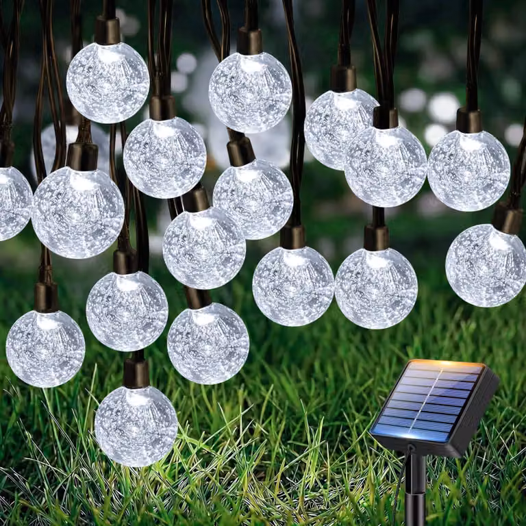 Catena luminosa solare, 10 metri, 30 LED, sfere di cristallo, luce bianca fredda, impermeabile