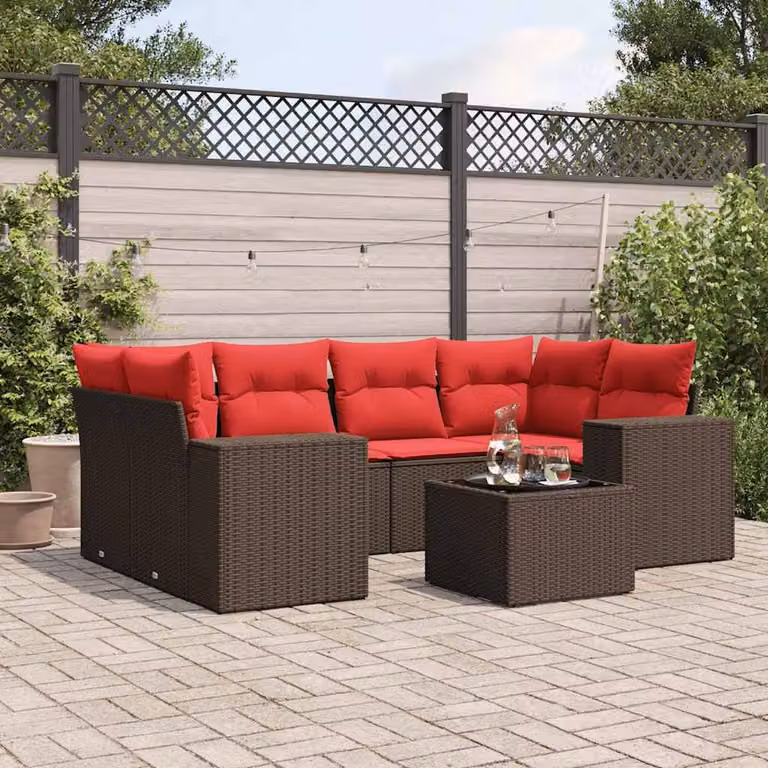 Set di divani da giardino vidaXL in polyrattan marrone con cuscini e tavolino da esterno 7 pz