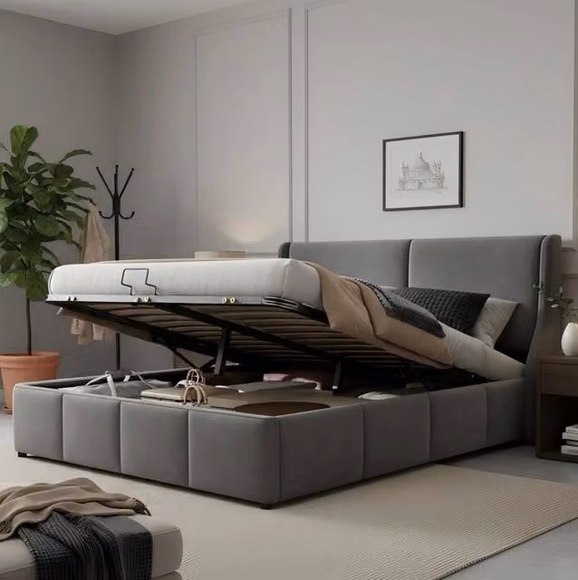 Letto imbottito con contenitore idraulico 140x200 cm in velluto grigio