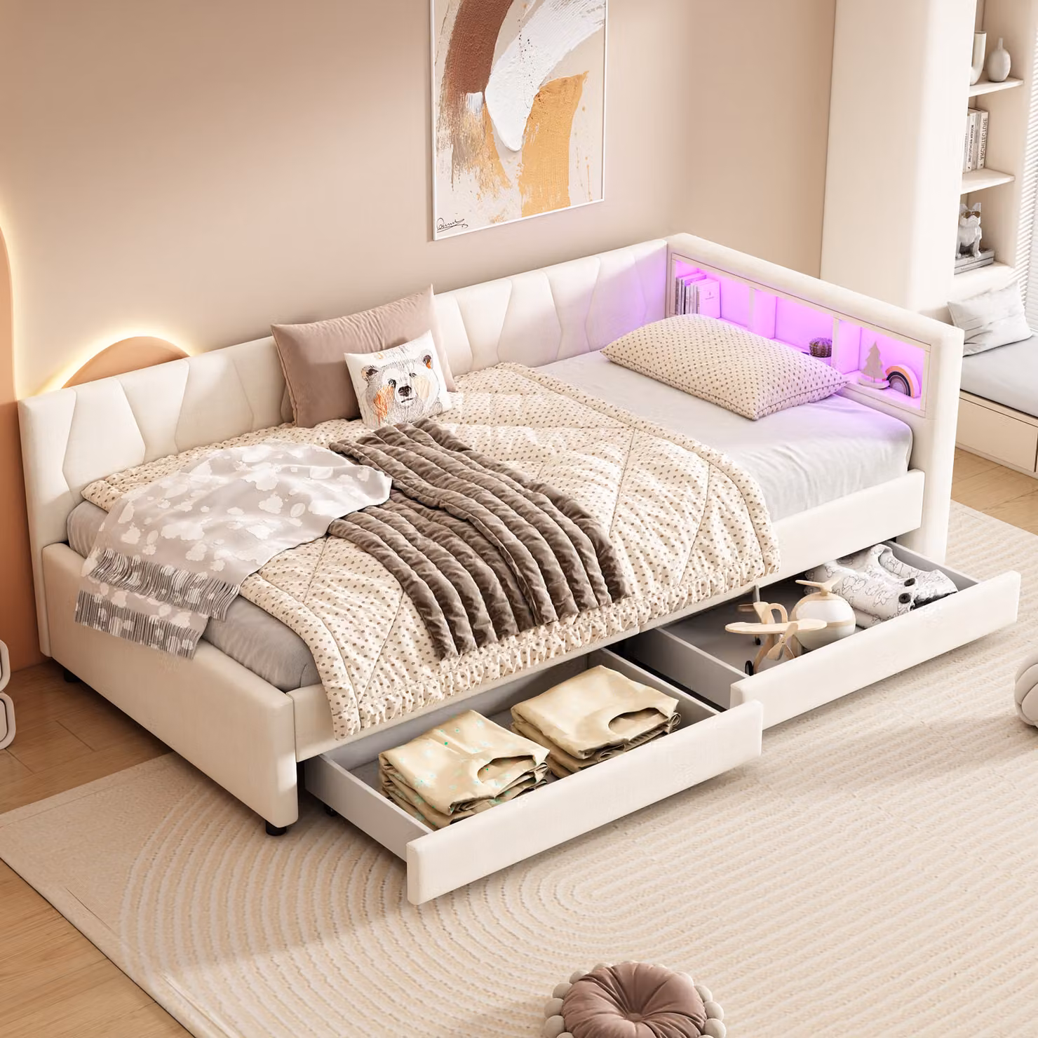 okwish divano letto, letto da giorno 90*200 cm, contenitore, USB+Type-C per illuminazione ambientale a LED, letto con due cassetti (senza materasso) beige