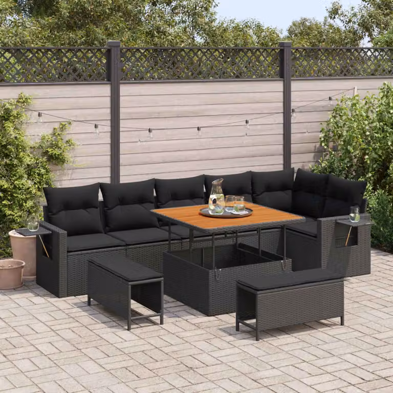 Set Divano da Giardino vidaXL 11 Pezzi Moderno a Forma di L con Cuscini e Tavolino Nero