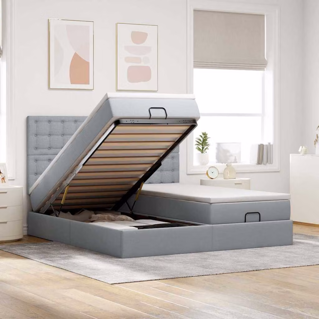 Letto matrimoniale moderno vidaXL con contenitore a sollevamento, illuminazione sottostante e porta USB, in tessuto grigio e bianco, L: 180 cm, P: 200 cm, H: 128 cm