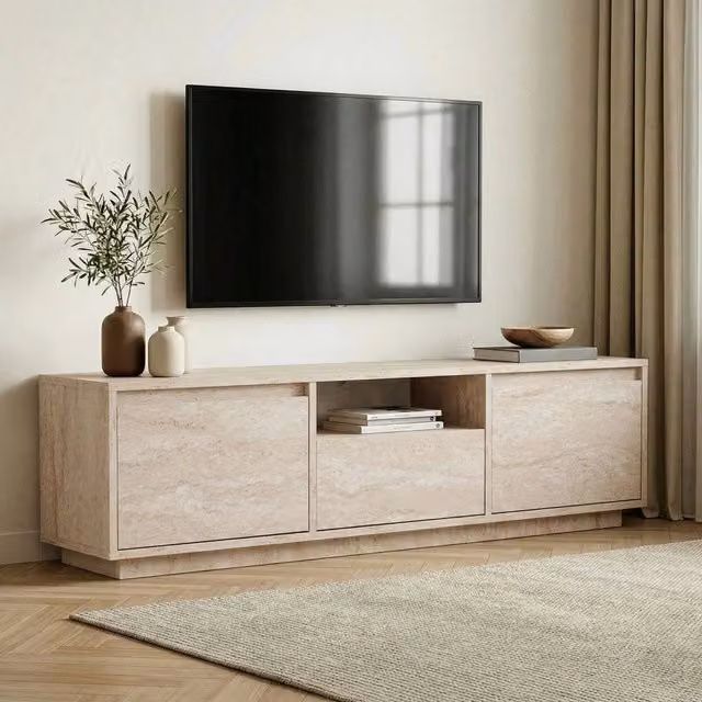 Mobile Porta TV Morrigan DMORA con un Ripiano, Bianco Marmo, L: 160 cm, P: 30 cm, H: 42 cm