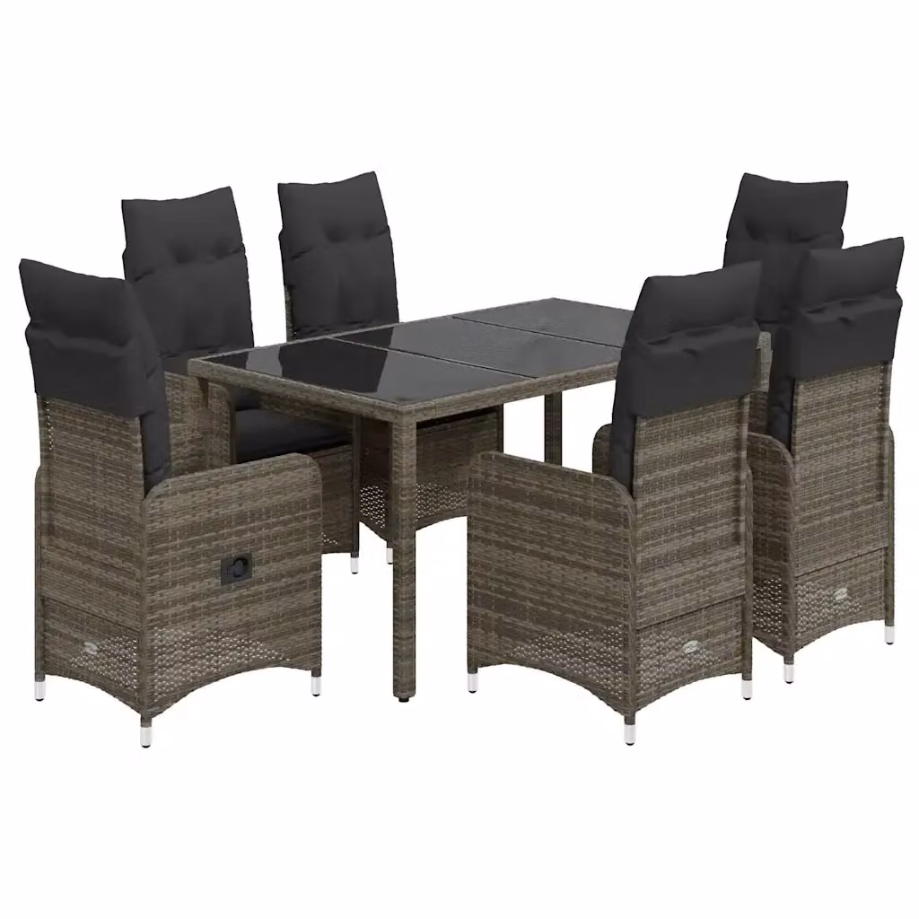 Set Bistrò da Giardino vidaXL in Polyrattan Grigio con Cuscini e Tavolo in Vetro, 7 Pezzi – 2