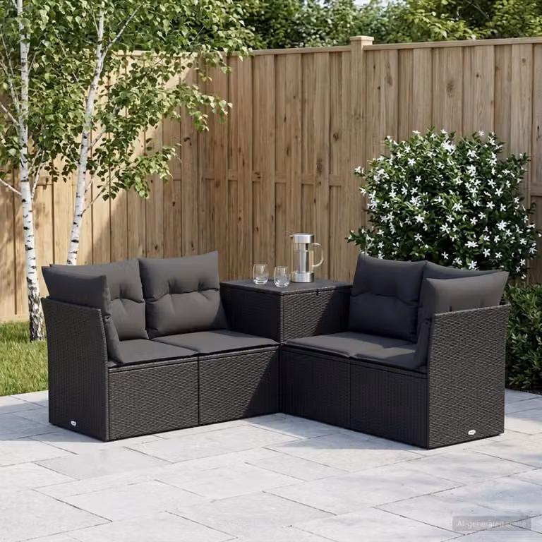 Set di divani da giardino vidaXL a forma di L composto da 5 pezzi in rattan sintetico e acciaio, colore nero con cuscini inclusi