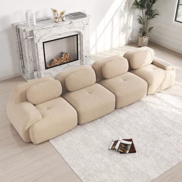 Divano angolare modulare Mivray in velluto a coste beige con schiuma ad alta densità per il tuo soggiorno
